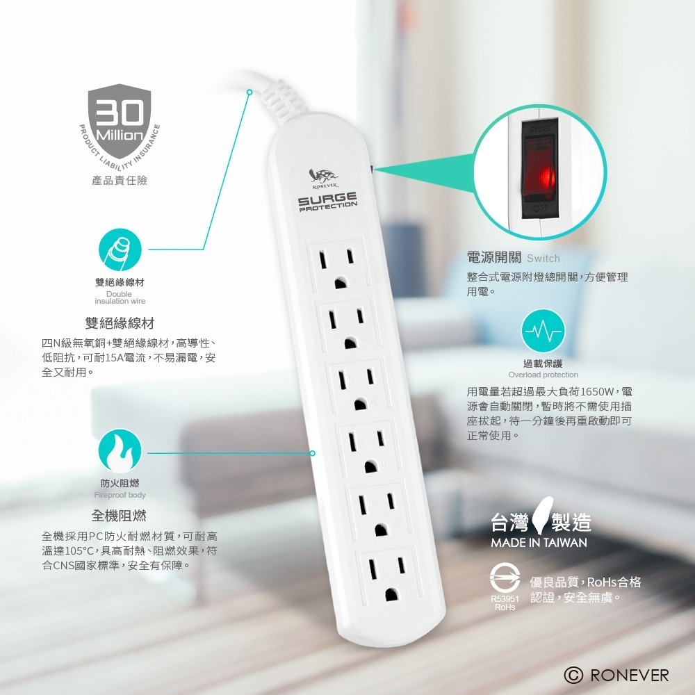 RONEVER ZPR-010 / 6孔1切4尺延長線-細節圖5