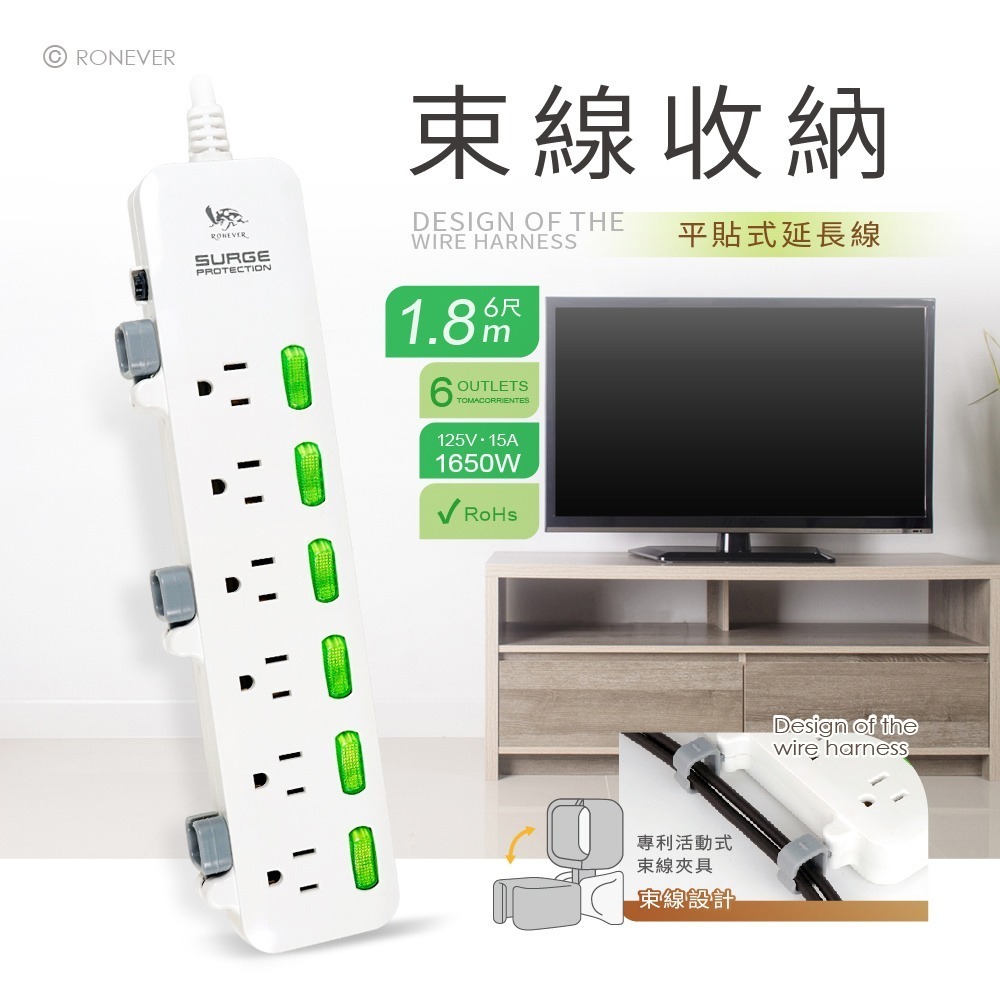 RONEVER ZPR-009-1 / 專利理線延長線6孔6切-6尺-細節圖2