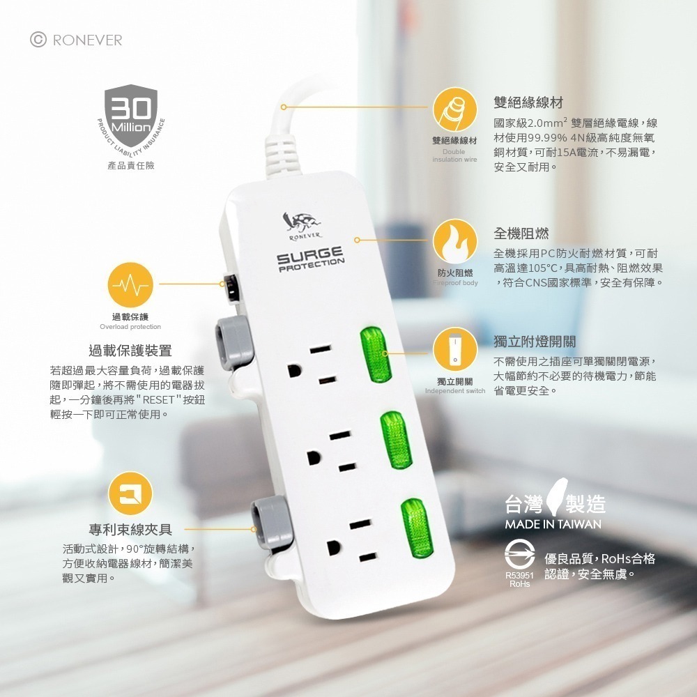 RONEVER ZPR-007-2 / 專利理線延長線3孔3切-9尺-細節圖7