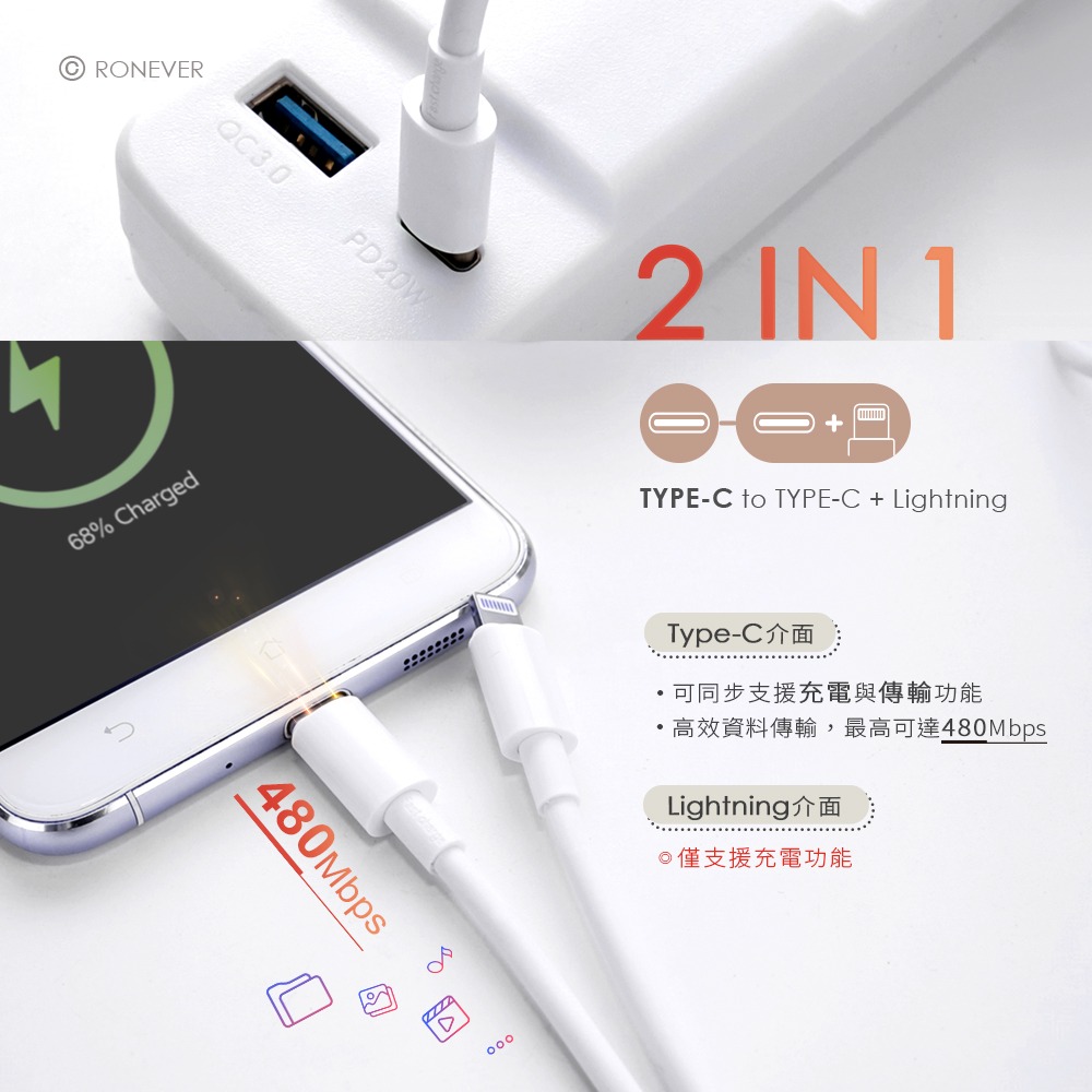 RONEVER VPC170-06 / TYPE-C二合一充電線(C+IOS)-60CM-細節圖2
