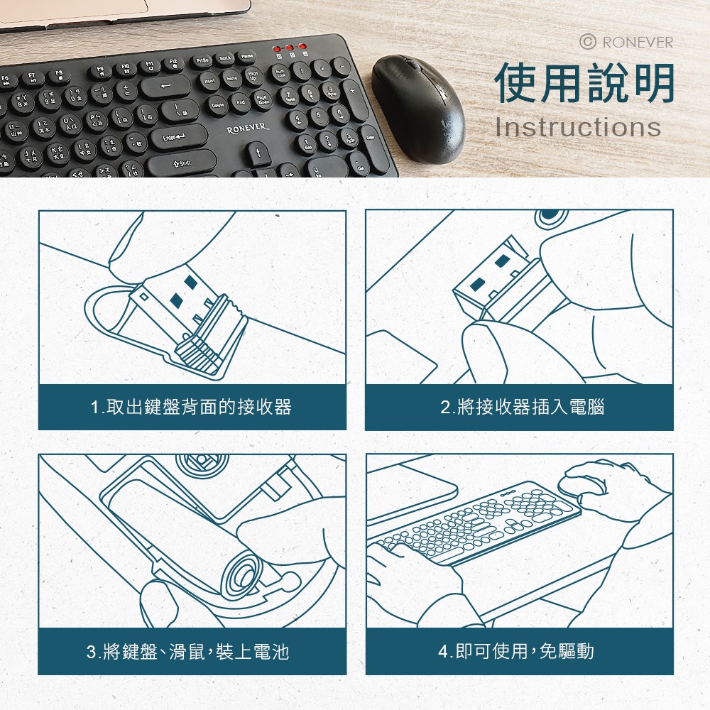 RONEVER KB009 / 無線復古鍵盤滑鼠組-細節圖8