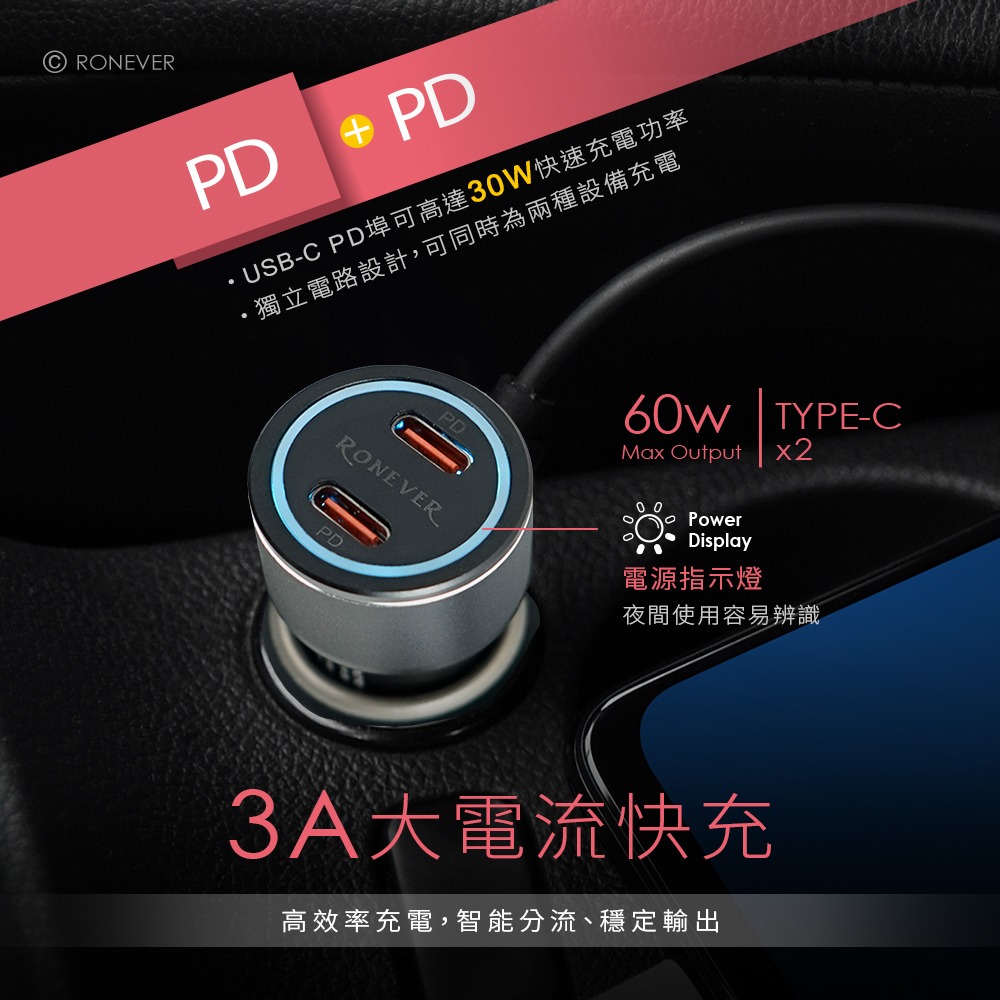 RONEVER PE023 / 60W PD雙孔車用充電器-細節圖2