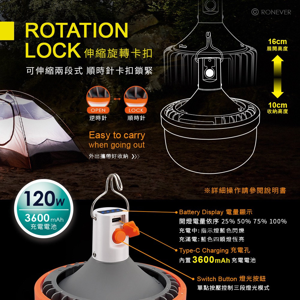 RONEVER PA013-120 / LED伸縮式充電吊燈-120W-細節圖5