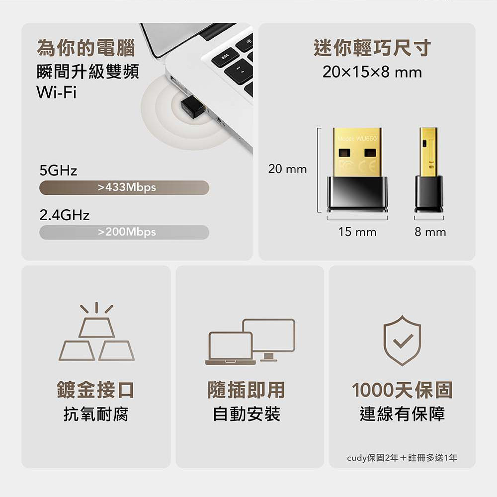 CUDY CUDY-WU650 / AC650 迷你雙頻USB無線網卡-細節圖2