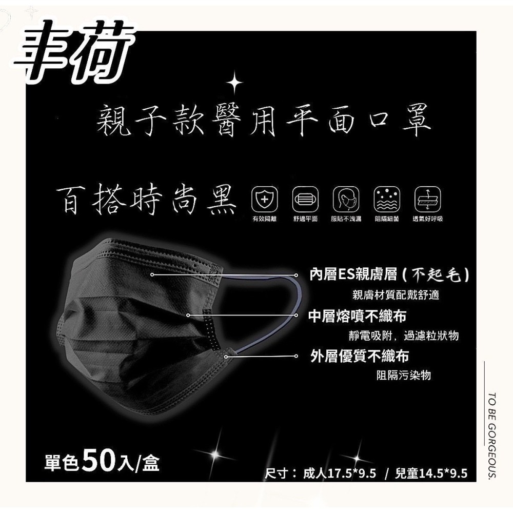 丰荷 成人 醫療口罩 醫用口罩 平面 50入/盒 素色 黑色 全黑口罩 時尚黑 台灣製造 現貨供應｜繁華中西藥局｜-細節圖2