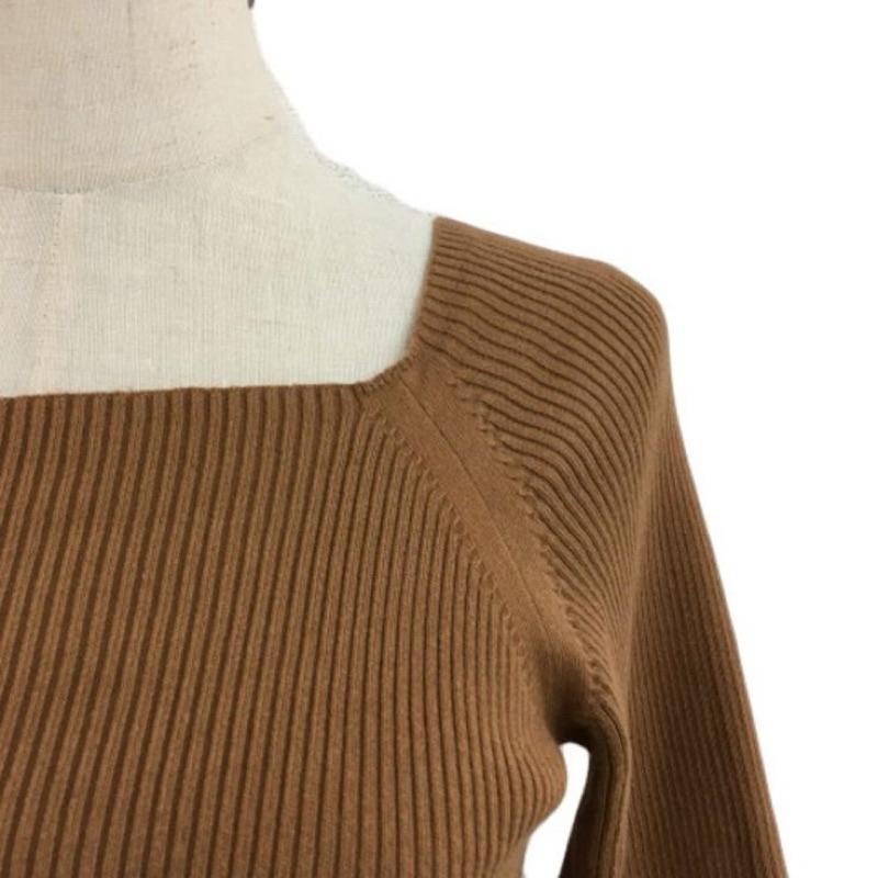 ｜上衣｜Mila Owen 日本品牌 棕色/黑色微露肩羅紋方領顯瘦針織上衣 極簡軟糯毛衣 剪裁縫製純色極簡內搭 貴牌-細節圖4