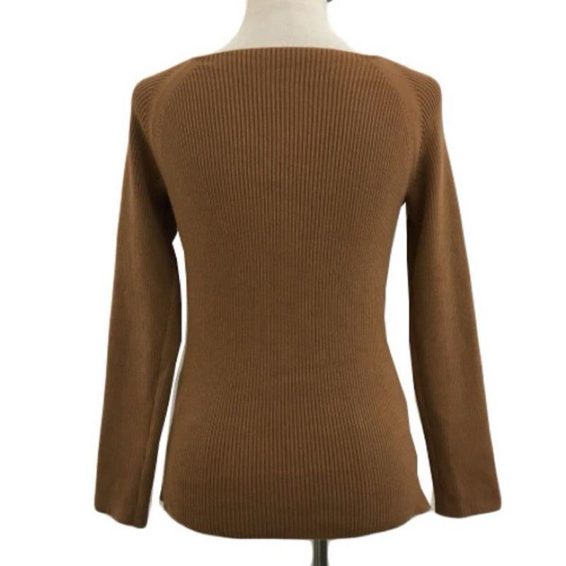 ｜上衣｜Mila Owen 日本品牌 棕色/黑色微露肩羅紋方領顯瘦針織上衣 極簡軟糯毛衣 剪裁縫製純色極簡內搭 貴牌-細節圖5