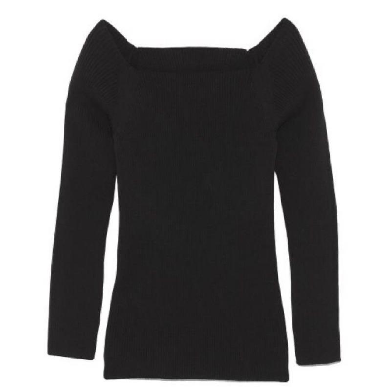 ｜上衣｜Mila Owen 日本品牌 棕色/黑色微露肩羅紋方領顯瘦針織上衣 極簡軟糯毛衣 剪裁縫製純色極簡內搭 貴牌-細節圖6