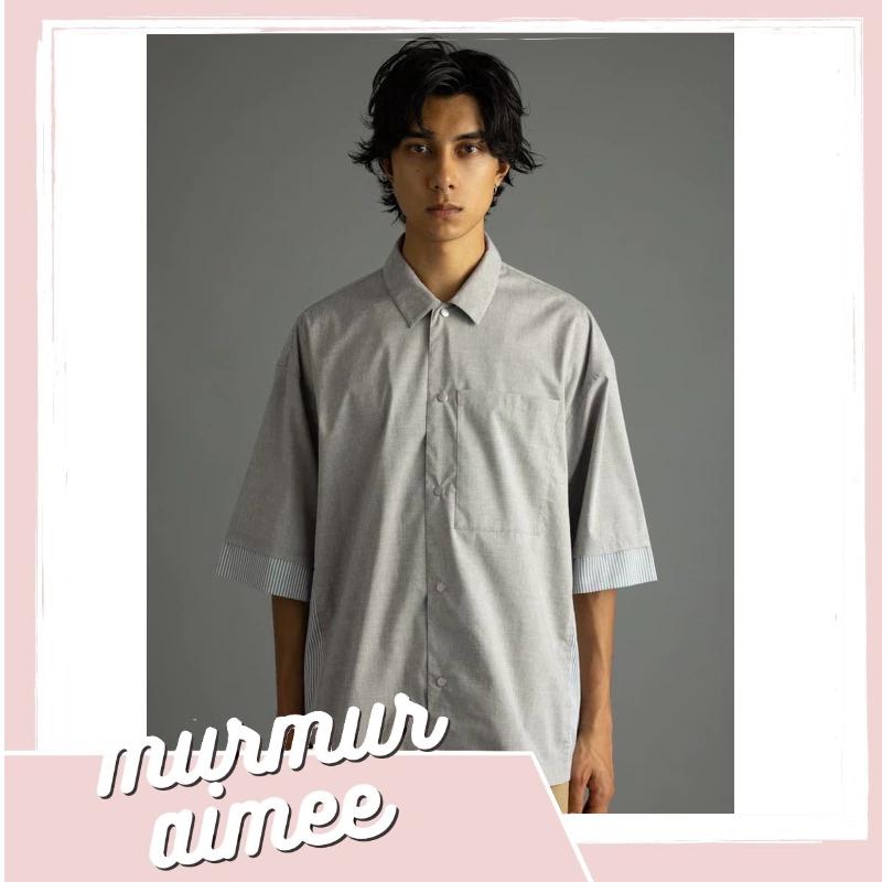 ｜上衣｜日本品牌 STYLEMIXER 灰色拼接設計條紋短袖寬鬆襯衫 簡約男士前排釦層次感 可當外搭夾克搭配 松本男款-細節圖2