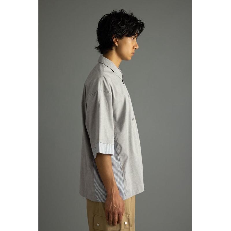 ｜上衣｜日本品牌 STYLEMIXER 灰色拼接設計條紋短袖寬鬆襯衫 簡約男士前排釦層次感 可當外搭夾克搭配 松本男款-細節圖3