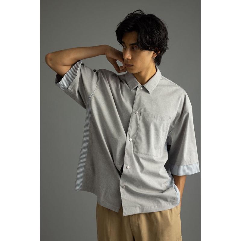 ｜上衣｜日本品牌 STYLEMIXER 灰色拼接設計條紋短袖寬鬆襯衫 簡約男士前排釦層次感 可當外搭夾克搭配 松本男款-細節圖5