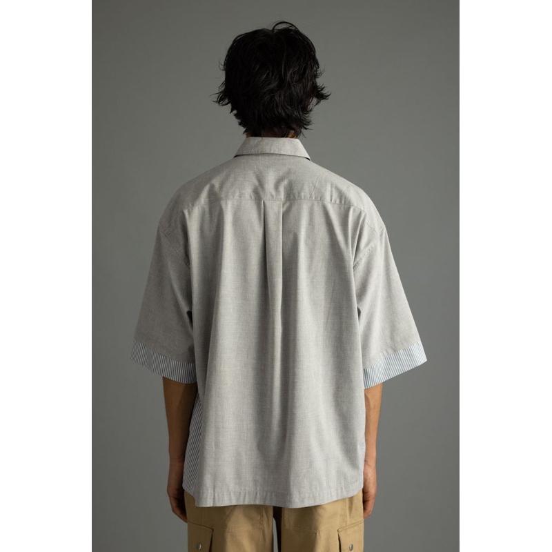 ｜上衣｜日本品牌 STYLEMIXER 灰色拼接設計條紋短袖寬鬆襯衫 簡約男士前排釦層次感 可當外搭夾克搭配 松本男款-細節圖7