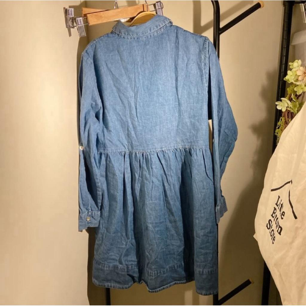｜上衣洋裝｜出清!!!全新含吊牌 日牌藍色牛仔棉長袖襯衫式洋裝 可收袖設計 日本日單夏季輕便休閒好搭 M碼-細節圖4