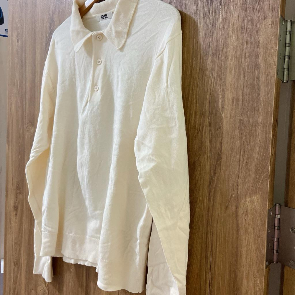 二手少穿 Uniqlo U polo 米色針織長袖上衣 男款S號 男女皆可穿 2020-細節圖5