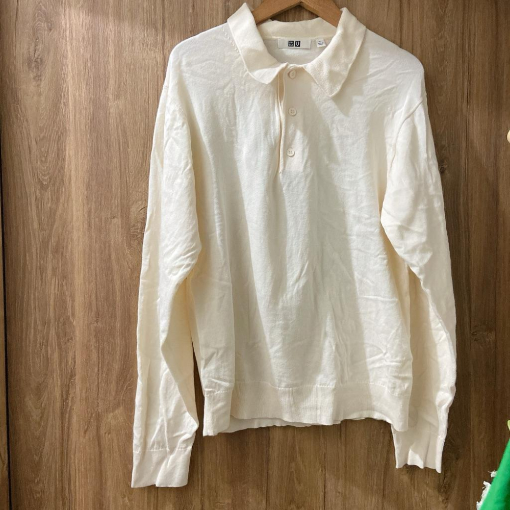 二手少穿 Uniqlo U polo 米色針織長袖上衣 男款S號 男女皆可穿 2020-細節圖6