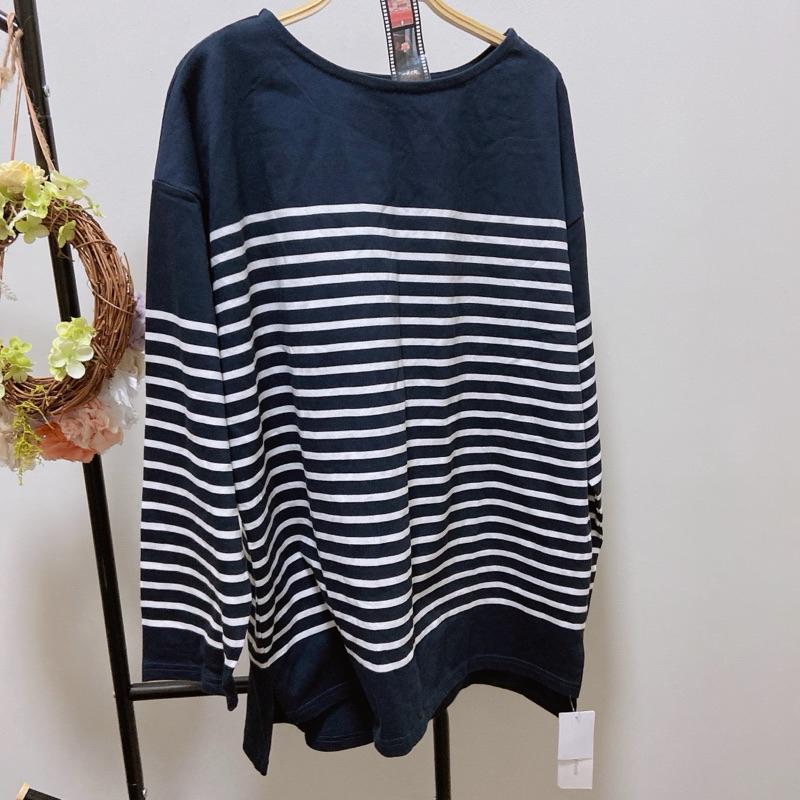 ｜上衣｜日本 好牌極簡基本款全棉藍色條紋長袖上衣Tshirt 藍底白條紋 橫條紋職場休閒T恤 似Muji Uniqlo-細節圖2