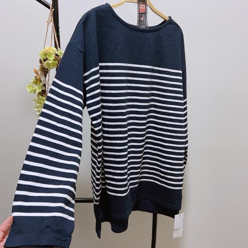 ｜上衣｜日本 好牌極簡基本款全棉藍色條紋長袖上衣Tshirt 藍底白條紋 橫條紋職場休閒T恤 似Muji Uniqlo-細節圖3