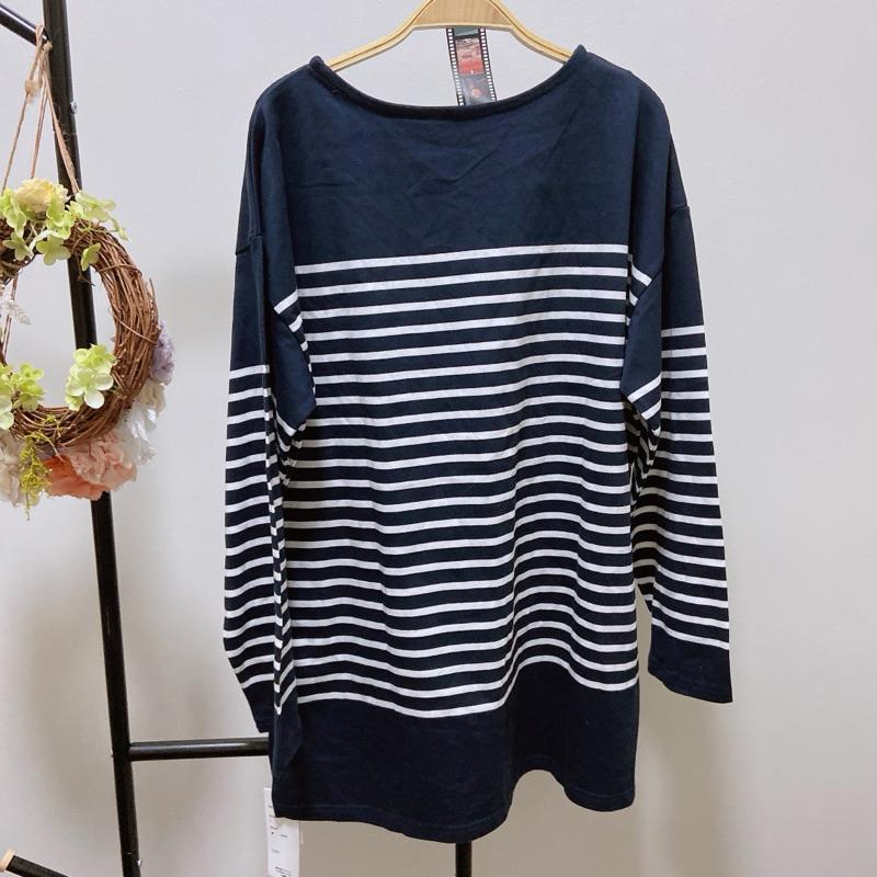 ｜上衣｜日本 好牌極簡基本款全棉藍色條紋長袖上衣Tshirt 藍底白條紋 橫條紋職場休閒T恤 似Muji Uniqlo-細節圖4