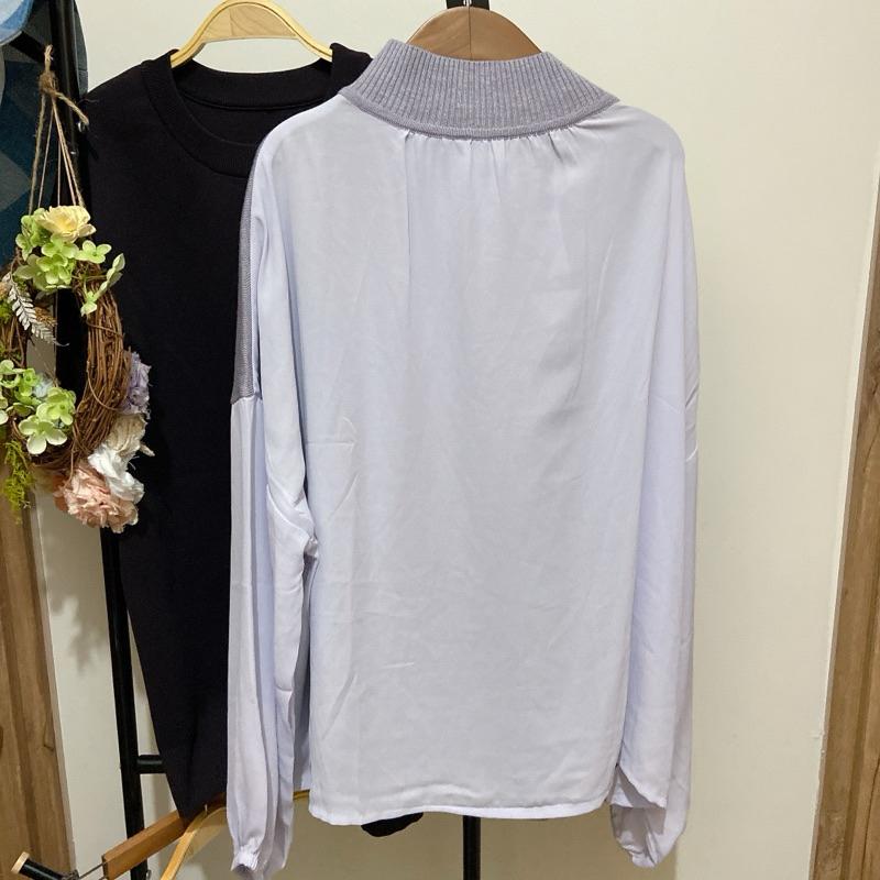 ｜上衣｜日牌紫灰色撞色拼接混羊毛長袖上衣 雪紡＋針織 小高領設計感  心機小性感款-細節圖4