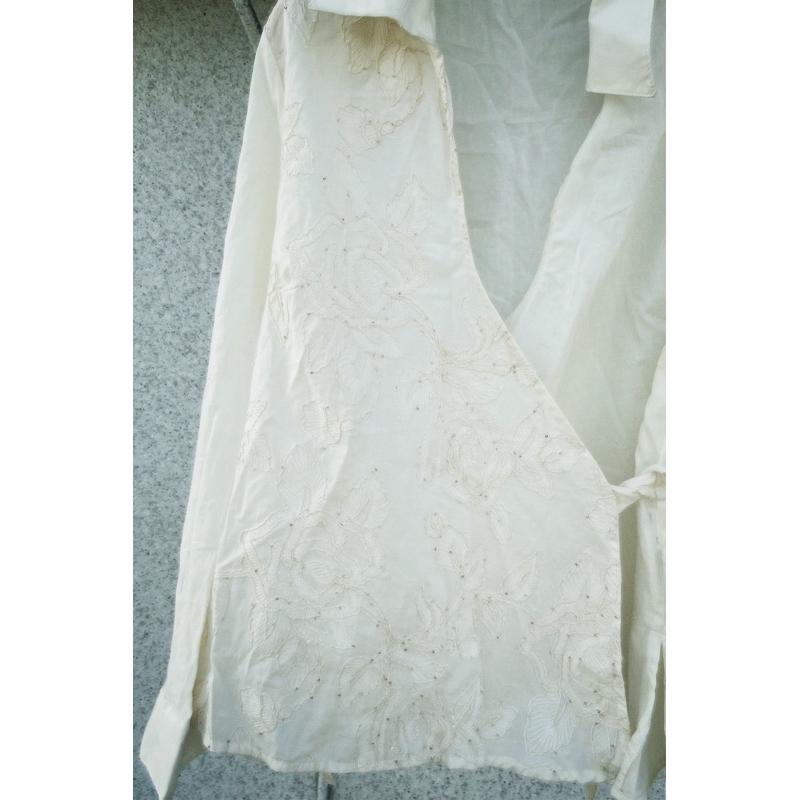 ｜襯衫｜法國品牌 法式全棉米白重工刺繡亮片翻領長袖襯衫 一片式包裹設計 側系帶收腰氣質韓系百搭 尖領-細節圖8