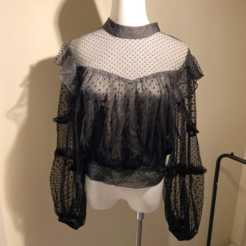 ｜上衣｜澳洲設計師品牌Bardot 黑色透膚植絨罩衫式造型綁帶上衣 薄紗圓點透明長袖 109澳幣 Ezick Ameri-細節圖2