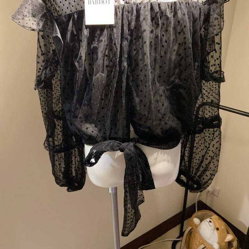 ｜上衣｜澳洲設計師品牌Bardot 黑色透膚植絨罩衫式造型綁帶上衣 薄紗圓點透明長袖 109澳幣 Ezick Ameri-細節圖7