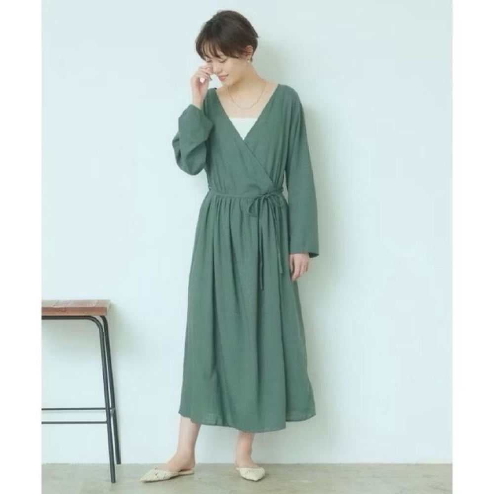 ｜洋裝｜全新 titivate 👍棉麻亞麻V領包裹兩穿洋裝 綠色黑色卡其ML可當罩衫 日本品牌 日貨 夏天穿清爽-細節圖4