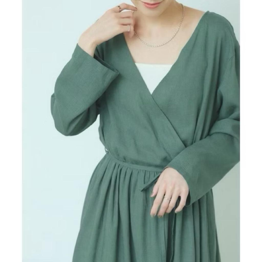 ｜洋裝｜全新 titivate 👍棉麻亞麻V領包裹兩穿洋裝 綠色黑色卡其ML可當罩衫 日本品牌 日貨 夏天穿清爽-細節圖5