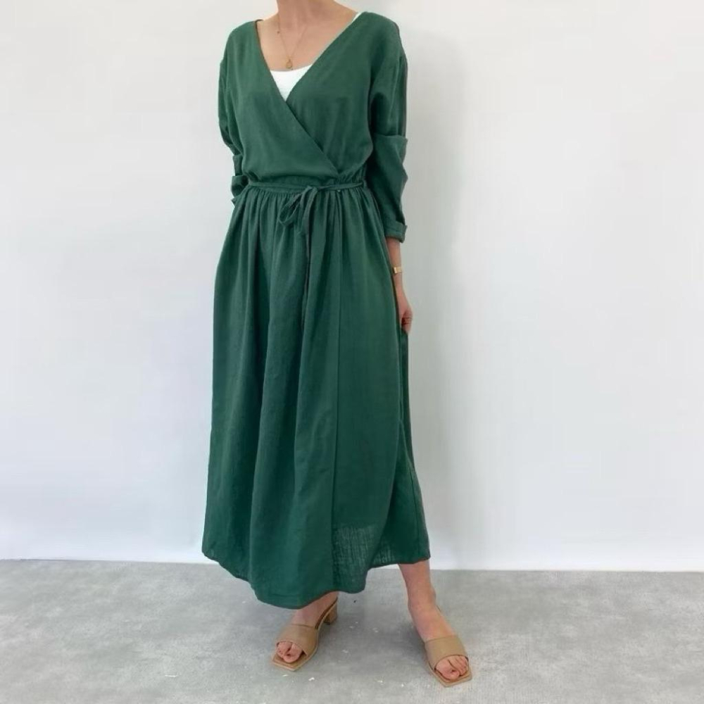 ｜洋裝｜全新 titivate 👍棉麻亞麻V領包裹兩穿洋裝 綠色黑色卡其ML可當罩衫 日本品牌 日貨 夏天穿清爽-細節圖6