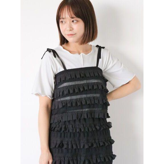 ｜上衣｜日本品牌 ehka sopo 綠色/白色 低調閃亮捲邊短袖上衣 可當內搭 柔美剪裁 可甜可酷-細節圖3