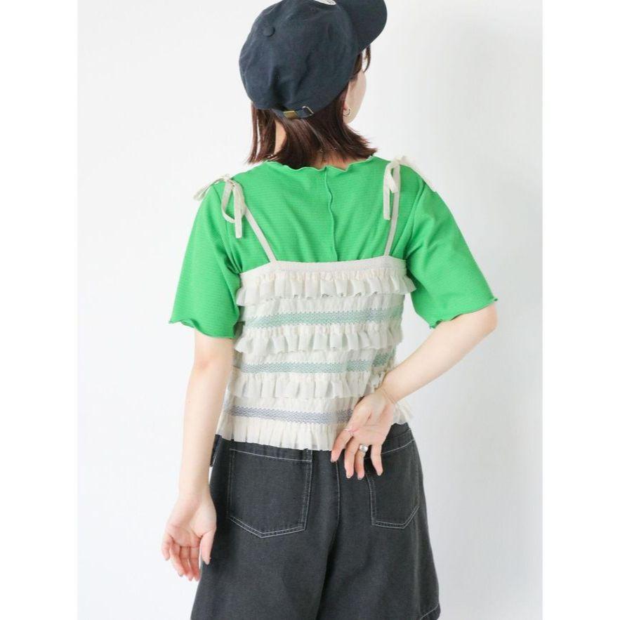 ｜上衣｜日本品牌 ehka sopo 綠色/白色 低調閃亮捲邊短袖上衣 可當內搭 柔美剪裁 可甜可酷-細節圖5