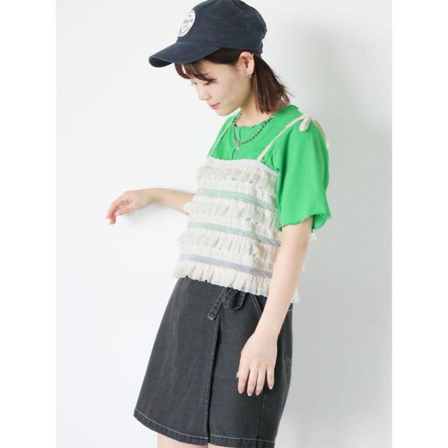 ｜上衣｜日本品牌 ehka sopo 綠色/白色 低調閃亮捲邊短袖上衣 可當內搭 柔美剪裁 可甜可酷-細節圖6