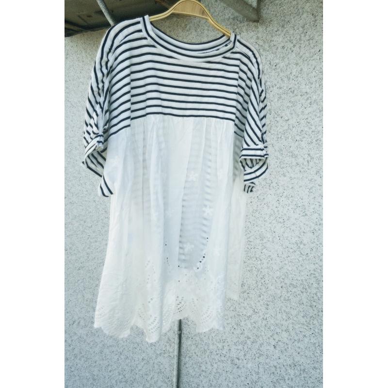 ｜上衣｜日本白色藍條紋蕾絲拼接上衣 兩側及背部全棉刺繡縷空設計 F碼二手美品 夏日必備-細節圖5