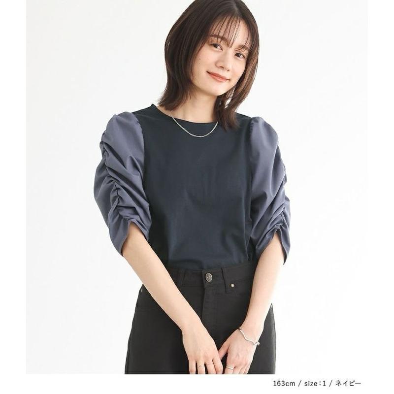 ｜上衣｜日本品牌 nOr 設計感大人系藍色異材質拼接縐縫設計半袖上衣 氣質款知性風日系現貨  n＇OrLABEL-細節圖2