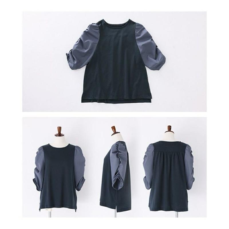 ｜上衣｜日本品牌 nOr 設計感大人系藍色異材質拼接縐縫設計半袖上衣 氣質款知性風日系現貨  n＇OrLABEL-細節圖5