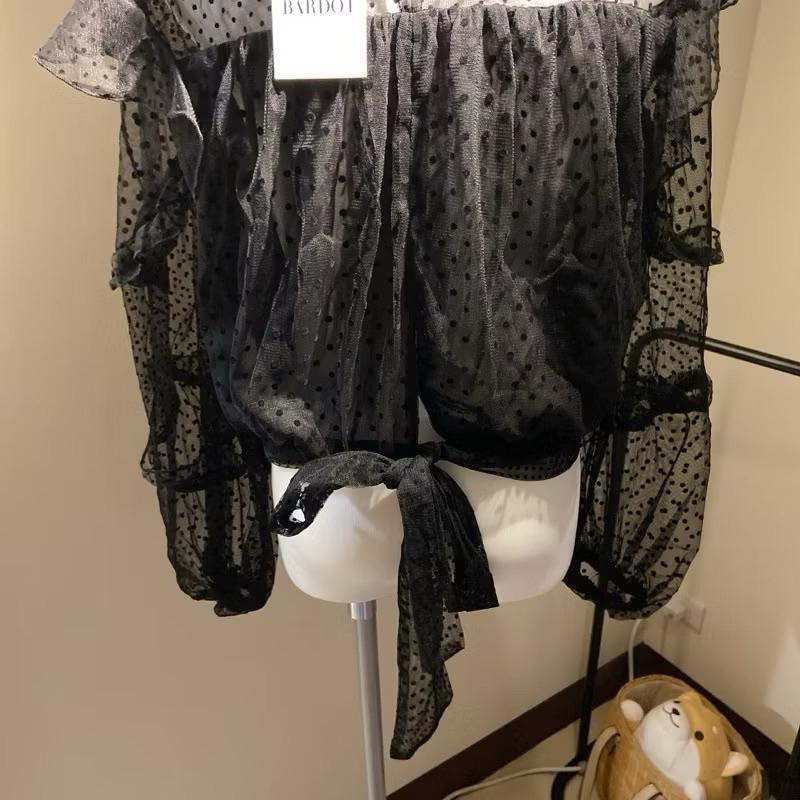 ｜上衣｜Bardot 澳洲設計師款 黑色透膚植絨罩衫式造型綁帶上衣 薄紗圓點透明內搭 109澳幣 Ezick Ameri-細節圖7