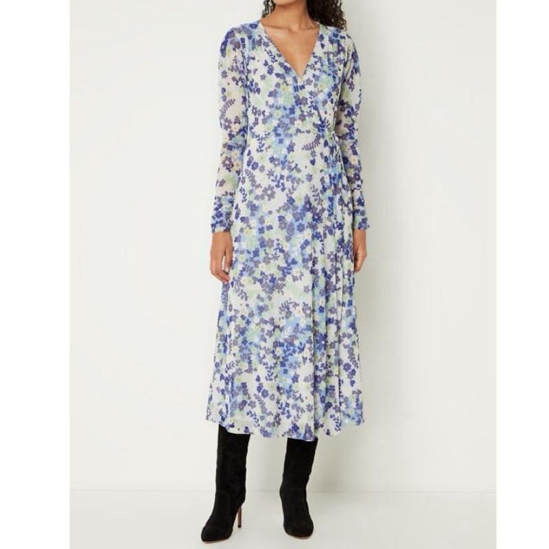 ｜洋裝｜FABIENNE CHAPOT 歐洲品牌 藍綠花朵裹身洋裝 長印花洋裝 連衣裙 M 荷蘭品牌-細節圖2