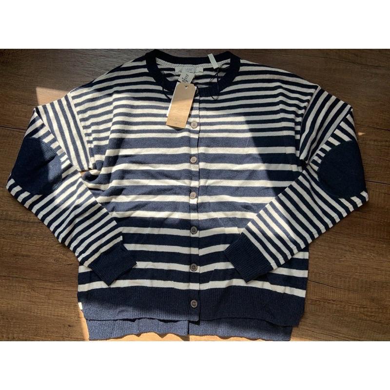 ｜外套｜H&M 法式羊毛藍色條紋開衫毛衣外套 針織毛衣 袖子補丁設計 針織外套 近2000 瑞典品牌 HM-細節圖2