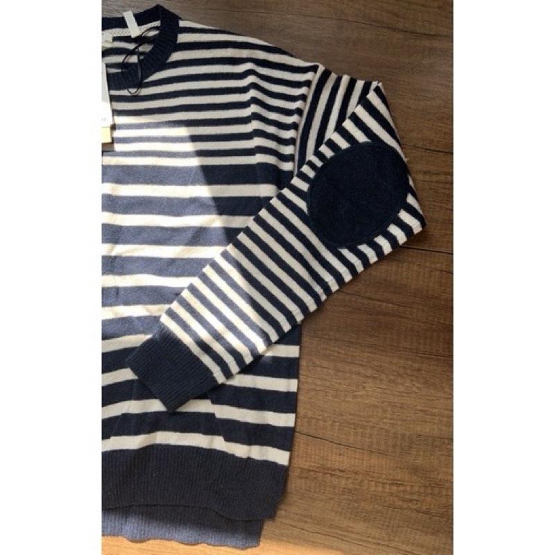 ｜外套｜H&M 法式羊毛藍色條紋開衫毛衣外套 針織毛衣 袖子補丁設計 針織外套 近2000 瑞典品牌 HM-細節圖3