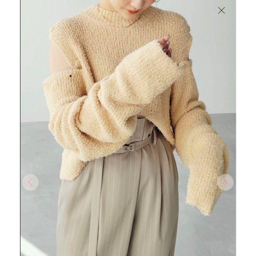 ｜針織｜COCO DEAL 日本貴牌 米色杏色棉質羽毛針織 紐扣開袖針織衫 短款針織毛衣 露肩設計 透膚小性感 橙米色-細節圖2