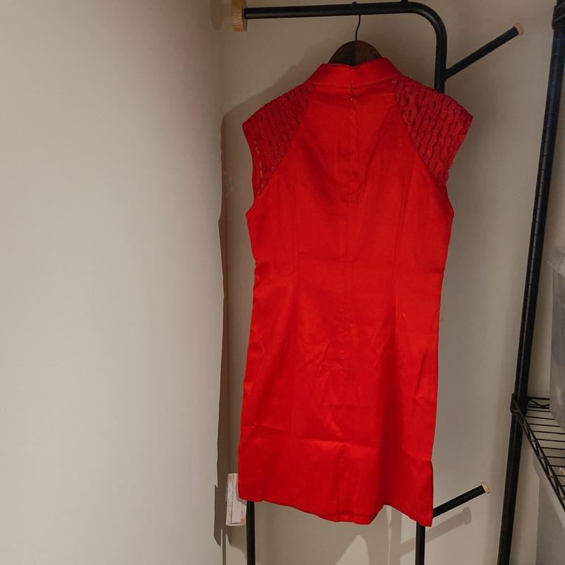 全新 紅色短袖旗袍 重工精緻花朵刺繡層疊蕾絲 亮片鑲寶石 過年喜慶敬酒拜年服 伴娘 長輩皆可穿-細節圖6