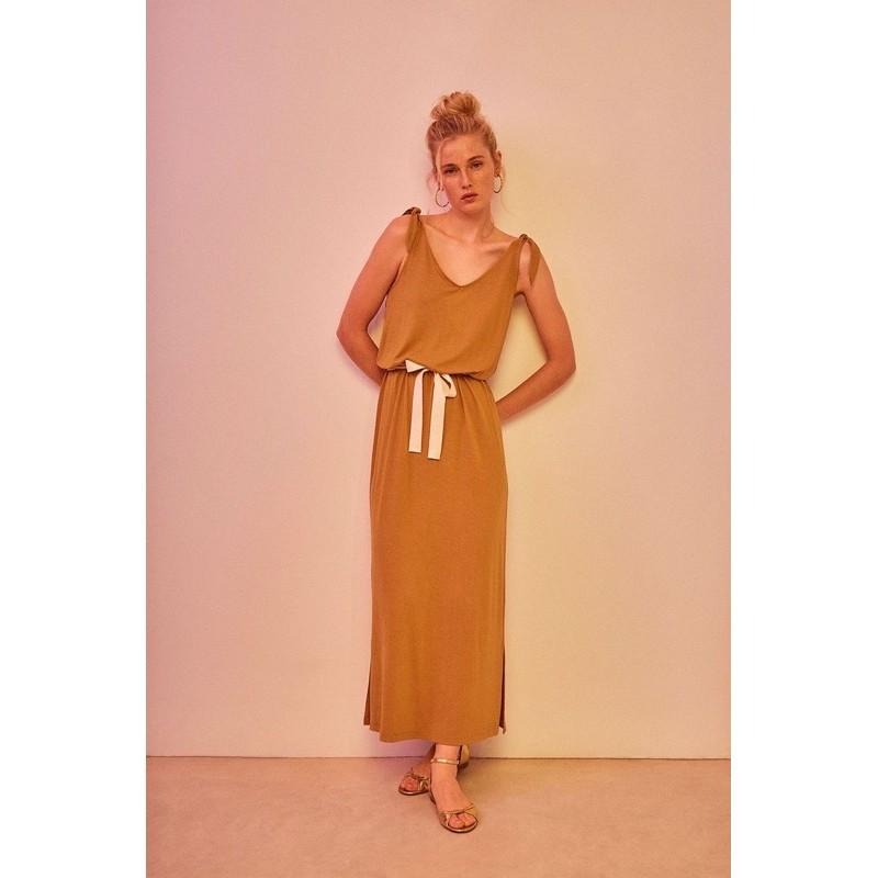 ｜洋裝｜Des Petits Hauts 法國高質感品牌  暗薑黃色綁帶莫代爾洋裝 超級柔軟 有彈性 獨家販售 DPH-細節圖2