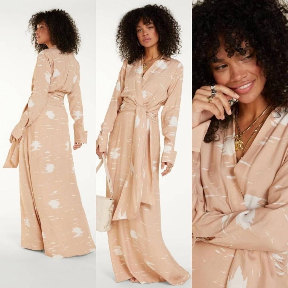 ｜洋裝｜獨家 JOSH V  歐洲設計師品牌 奶茶色印花蝴蝶結長洋裝 s 號 189.99歐元 高個子必入!!-細節圖3