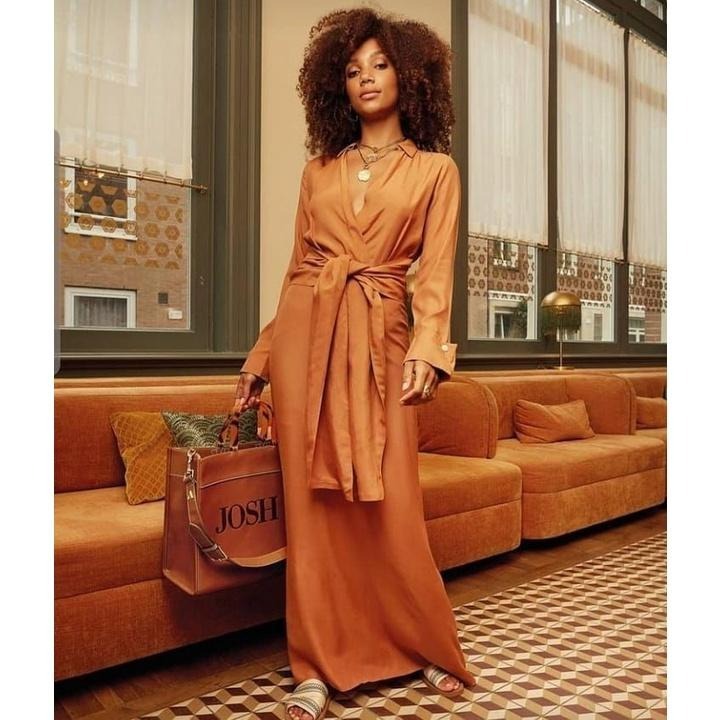 ｜洋裝｜獨家 JOSH V  歐洲設計師品牌 奶茶色印花蝴蝶結長洋裝 s 號 189.99歐元 高個子必入!!-細節圖5