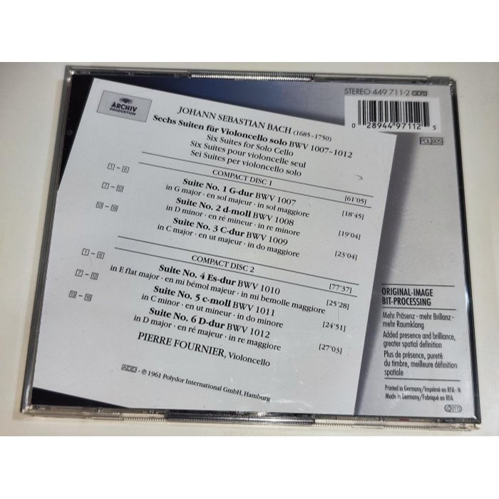 好音悅 半銀圈 Fournier 傅尼葉 Bach 巴赫 巴哈 無伴奏大提琴組曲 2CD ARCHIV 德PMDC01版-細節圖2