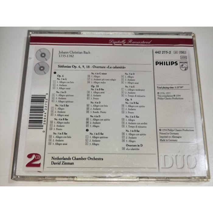 文本齋 David Zinman J.C.Bach Sinfonias 荷蘭室內樂團 2CD Philips-細節圖2