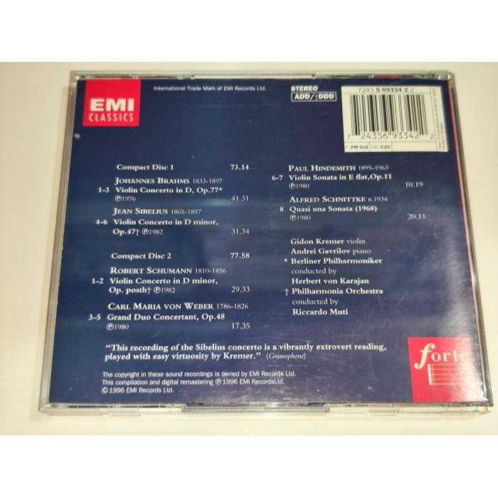好音悅 Kremer Karajan Muti 布拉姆斯 西貝流士 舒曼 小提琴協奏曲 等 2CD EMI-細節圖2