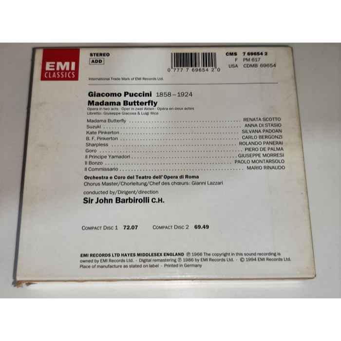 文本齋 Scotto Bergonzi Barbirolli Puccini 普契尼 蝴蝶夫人 羅馬歌劇院 2CD EM-細節圖2