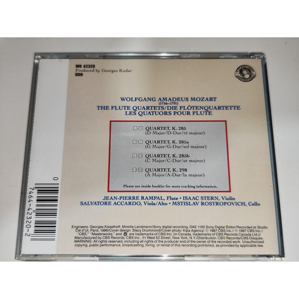 Rampal Stern Accardo Rostropovich Mozart 莫札特 長笛四重奏 CBS 無IFPI-細節圖2