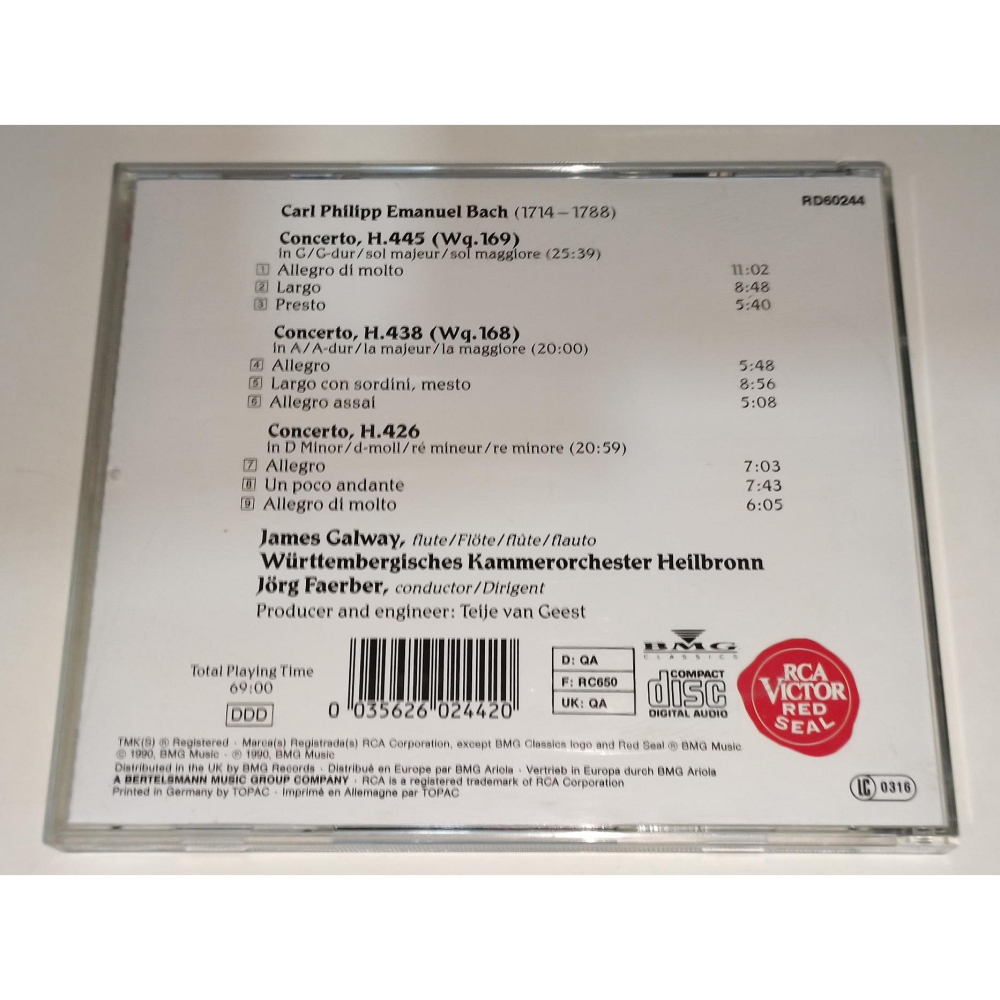 Galway 高威 C. P. E. Bach 3 Concertos Faerber 海爾布隆符騰堡室內管弦 RCA-細節圖2